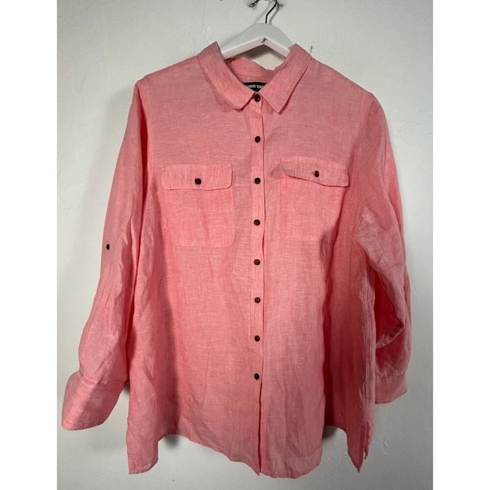Lands End Womens Plus Size 2X 20W-22W Pink Linen Button-Down Shirt Roll Sleeves